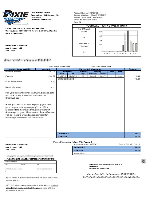 USA Mississippi Dixie Electric business utility bill template in Word and PDF formats